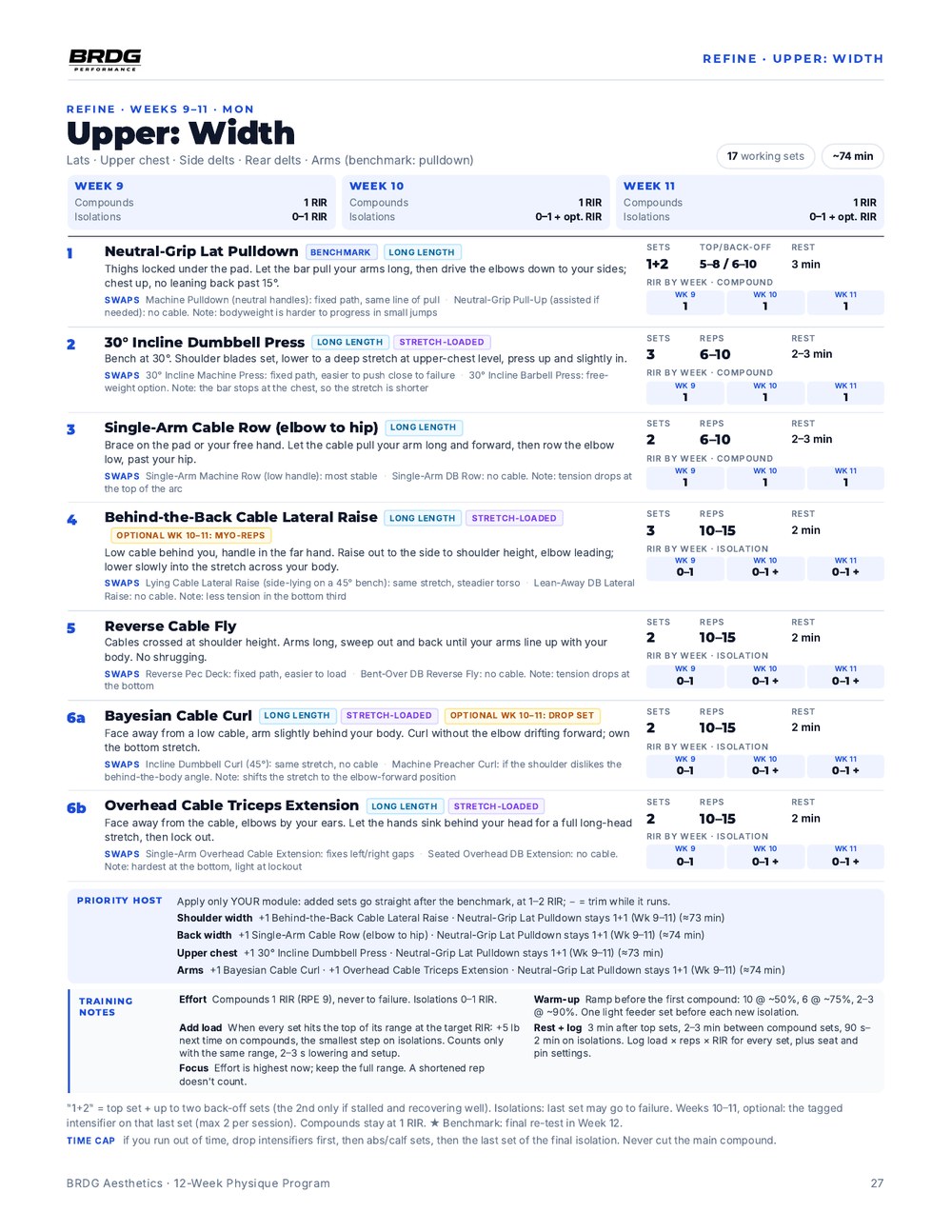 Upper: Width session page from the Refine phase (Weeks 9 to 11) of the BRDG Aesthetics PDF